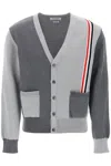 Thom Browne Rwb Stripe Colorblocked Cotton Cardigan In Grey