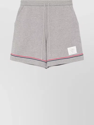 Thom Browne Cotton Interlock Mid Thigh Shorts With Striped Detail In Gray