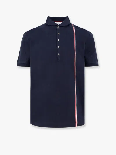 Thom Browne Cotton Jersey Polo Shirt With Iconic Stripes In Blue