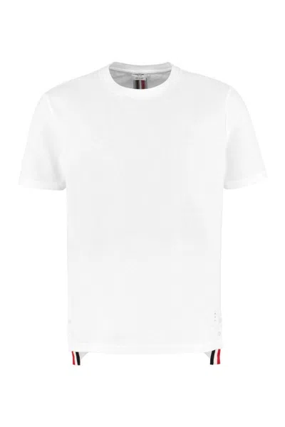 Thom Browne Crew-neck Cotton T-shirt With Front Patch Logo And Side Slits In White