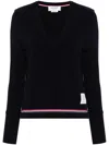 Thom Browne Cotton Pique V Neck Long Sleeve In Blue
