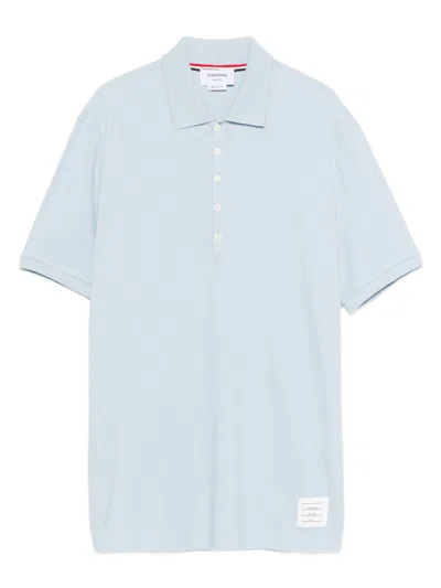 Thom Browne Light Blue Polo Shirt With Four Stripe Detail And Logo Patch On The Front