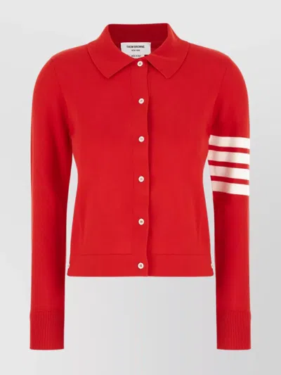Thom Browne Cotton Polo Shirt With Ribbed Cuffs And Striped Sleeve Detail In Red
