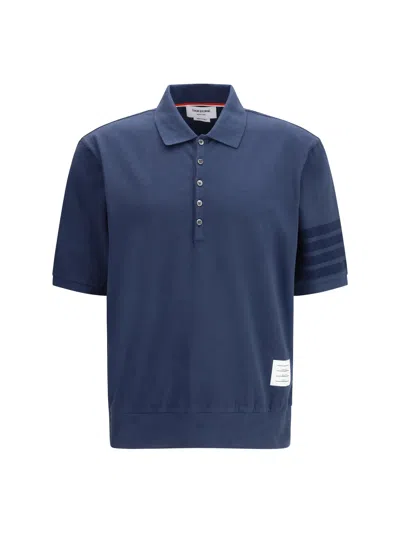 Thom Browne Cotton Ribbed Collar Polo Shirt In Blue