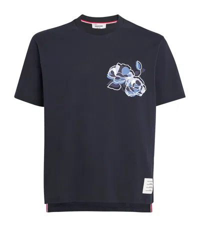 Thom Browne Rose-print Cotton T-shirt In 415 Navy