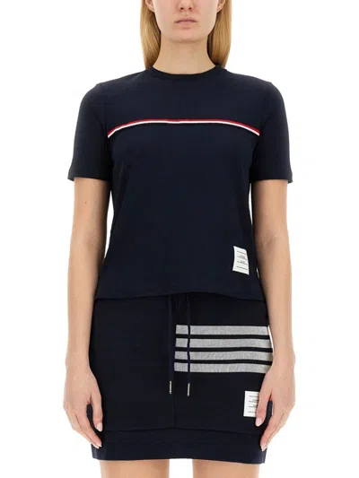 Thom Browne Ribbed Knit Short-sleeved Top With Tricolor Accent In Black