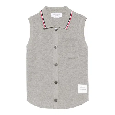 Thom Browne Cotton Waffle Sleeveless Button Shirt Women In Gray