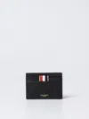 Thom Browne Textured Cowhide Leather Card Wallet With Striped Accent In Black