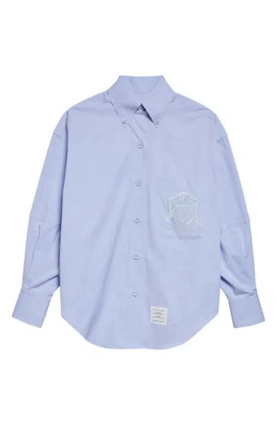 Thom Browne Crest Embroidered Oversize Cotton Poplin Button-down Shirt In Blue