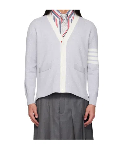 Thom Browne Crest Intarsia Jacquard 4-bar Rugby Fit Cardigan In Gray