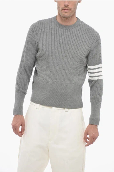 Thom Browne Crew Neck Baby Cable Aran Cotton Sweater In Gray