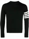 Thom Browne Crew Neck Black Wool Sweater With Signature Stripes And Buttoned Cuffs In Black