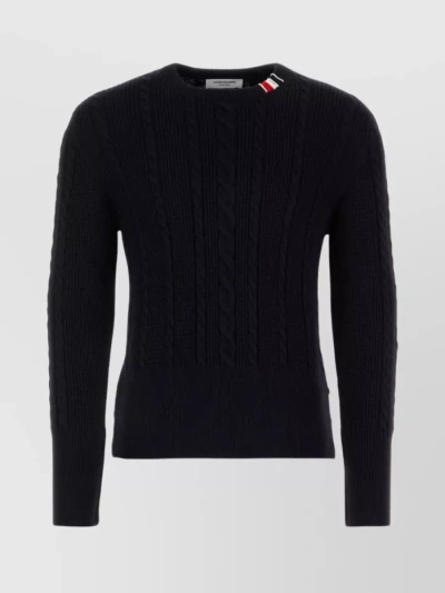 THOM BROWNE CREW NECK CABLE KNIT SWEATER WITH BUTTON SHOULDER
