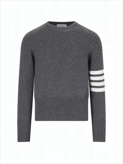 Thom Browne Crew Neck Cashmere Sweater With Contrasting Stripes And Side Buttons In Gray