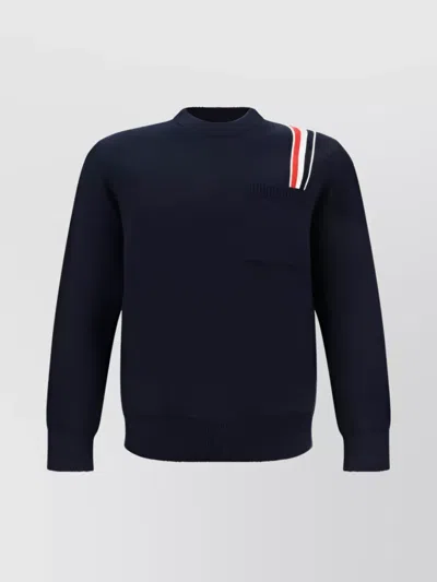 Thom Browne Crew Neck Cotton Knit Patch Pocket In Blue