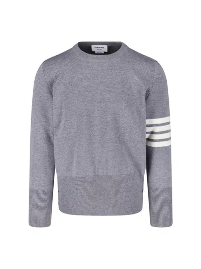 Thom Browne Crew Neck Knit Sweater With Distinctive Stripe Details In Gray