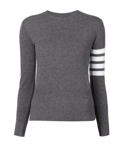 Thom Browne Crew Neck Pullover With White 4-bar Stripe In Grey Cashmere