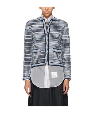Thom Browne Crew-neck Tweed Cardigan In Gray