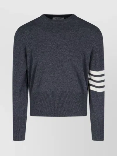 Thom Browne Crewneck Sweater With Ribbed Cuffs And Striped Sleeve In Gray