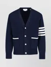 Thom Browne Blue Cardigan With V Neck And Maxi Logo On The Sleeve