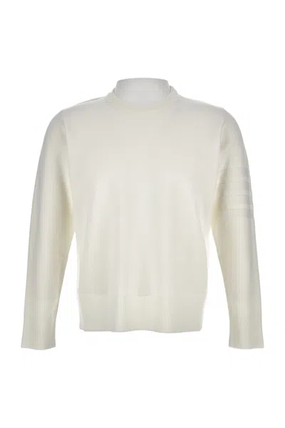Thom Browne Crewneck Sweater With Textured Stripes And Tricolor Tab In White