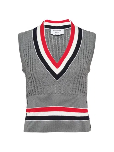 Thom Browne Cricket Rwb Stripe Cable-knit Cotton Shrunken Vest In Gray