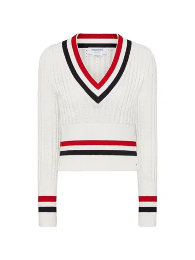 Thom Browne Cricket Rwb-stripe Baby-ladder-cable Shrunken Sweater In White