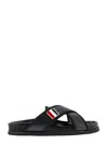 THOM BROWNE CRISS CROSS STRAP SANDALS WITH LOGO IN BLACK LEATHER MAN