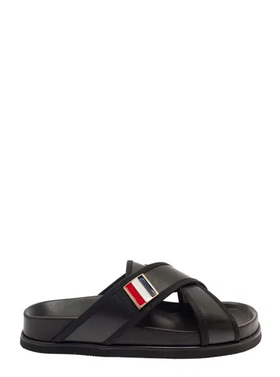 THOM BROWNE CRISS CROSS STRAP SANDALS WITH LOGO IN BLACK LEATHER MAN