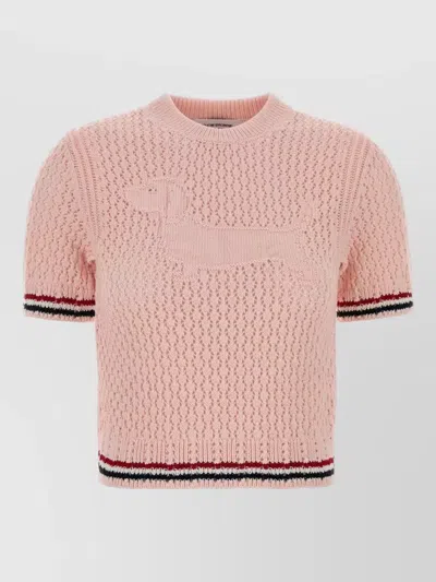 Thom Browne Crochet Sweater Short Sleeves Crew Neck In Pink
