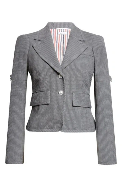 Thom Browne Crop Sculpted Shoulder Wool Seersucker Jacket In Gray