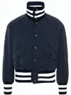 Thom Browne Cropped Blue Bomber Jacket With Ribbed Details And Button Closure In Black