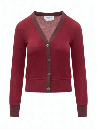 Thom Browne Cropped Burgundy Cardigan With Deep V-neckline And Ribbed Details