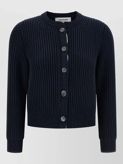 Thom Browne Cropped Cardigan Crew Neck Ribbed Knit In Blue