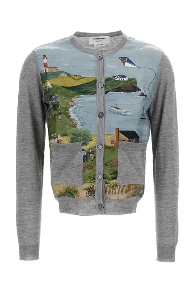 Thom Browne Cropped Cashmere-silk Cardigan With Scenic Print And Buttoned Cuffs In Multi