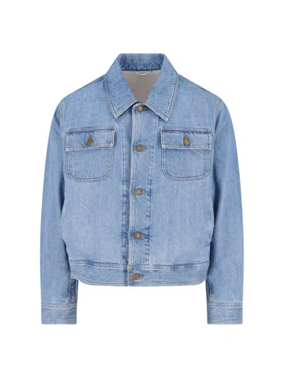 Thom Browne Cropped Classic Collar Flap Pockets Denim Jacket In Blue