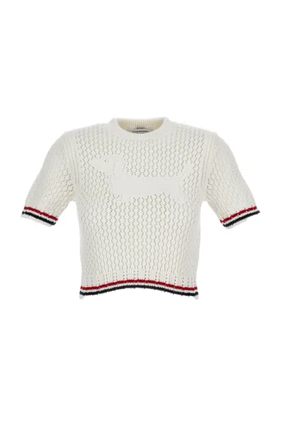 Thom Browne Cropped Cotton Crochet T-shirt With Dog Motif In White