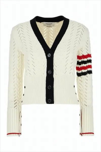 Thom Browne Cropped Open-knit Cardigan With Striped Cuff Details In Neutral