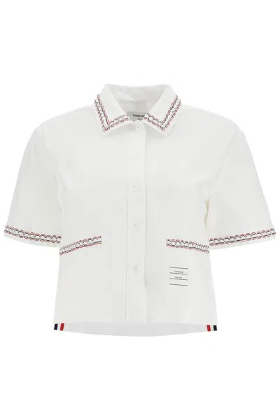 Thom Browne Cropped Ruffled Oxford Shirt For Women In White