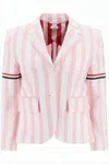 Thom Browne Cropped Pink Striped Tailored Jacket With Tricolor Accents In Pink