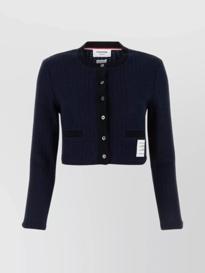 THOM BROWNE CROPPED RIBBED KNIT CARDIGAN WITH PATCH POCKETS