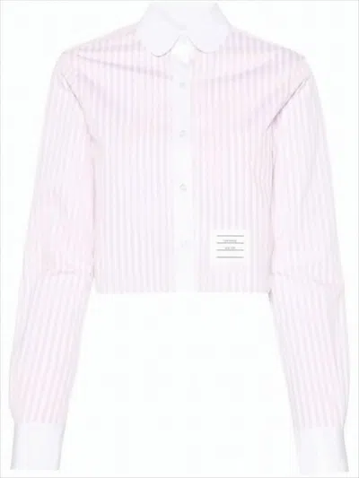 Thom Browne Cropped Shirt With Vertical Pink And White Stripes And Classic Collar