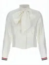 Thom Browne Cropped Silk Blouse With Elegant Bow And Striped Accents In White