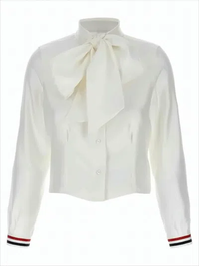 Thom Browne Cropped Silk Blouse With Elegant Bow And Striped Accents In White