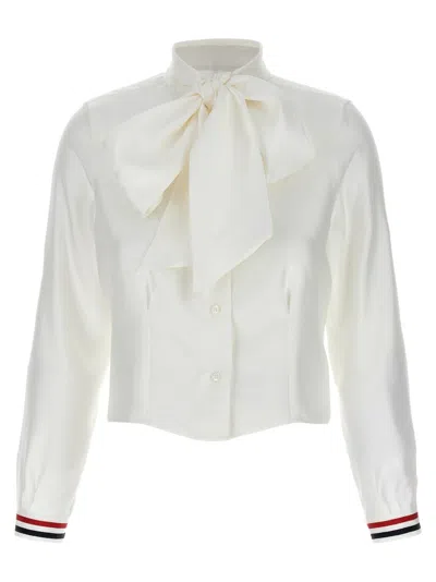 THOM BROWNE CROPPED SILK SHIRT WITH LEVALLIÉRE COLLAR