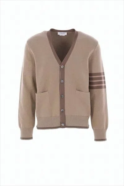 THOM BROWNE CROPPED V-NECK CARDIGAN WITH DISTINCTIVE STRIPE DETAIL