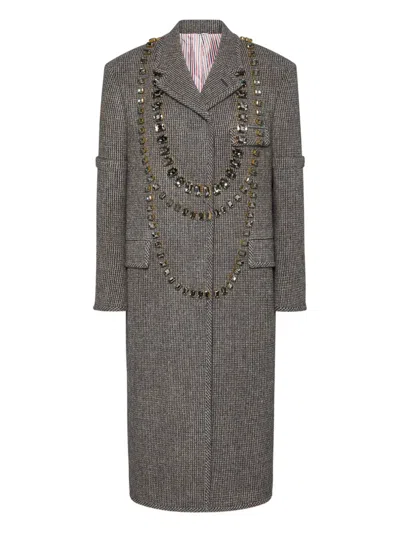 Thom Browne Crystal-embellished Checked Coat In Gray