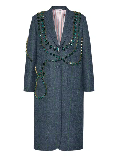 Thom Browne Crystal-embellished Windowpane-print Coat In Blue