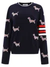 THOM BROWNE DARK BLUE ALL-OVER PATTERNED CREW NECK SWEATER IN WOOL BLEND MAN