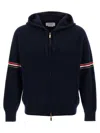 Thom Browne Zip-up Hoodie With Drawstring And Contrast Stripes In Dark Blue